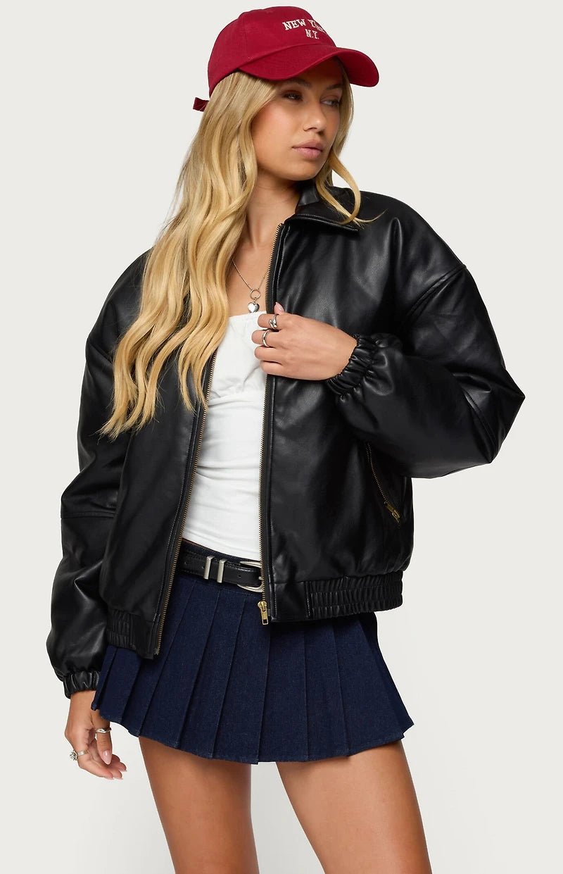 Black Faux Leather Bomber Jacket | Oversized Streetwear – XOVRA - XOVRA.IN