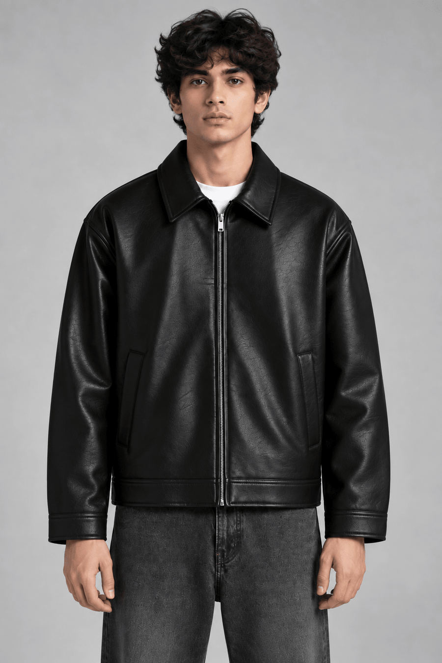 Black Faux Leather Oversized Jacket – Zip Front Streetwear Jacket | XOVRA - XOVRA.IN