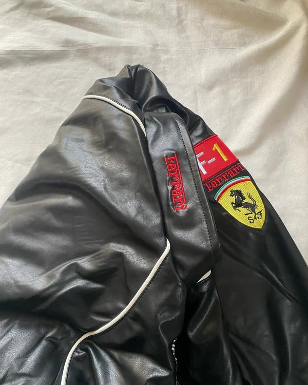 Black Ferrari Leather Jacket – Motorsport Edge Meets Streetwear Swag | XOVRA® - XOVRA.IN