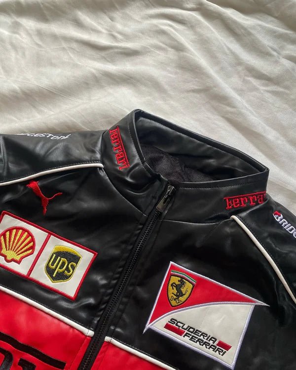Black Ferrari Leather Jacket – Motorsport Edge Meets Streetwear Swag | XOVRA® - XOVRA.IN