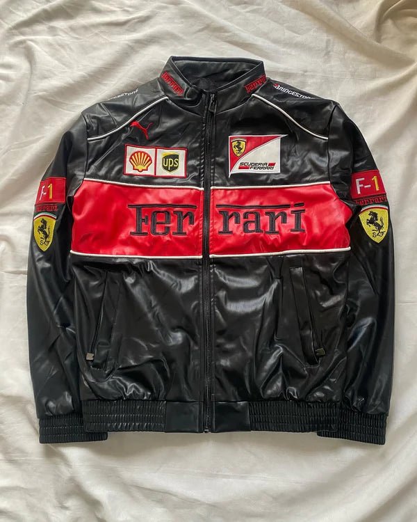 Black Ferrari Leather Jacket – Motorsport Edge Meets Streetwear Swag | XOVRA® - XOVRA.IN