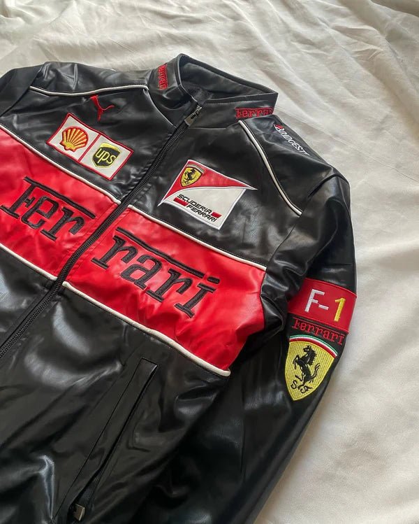 Black Ferrari Leather Jacket – Motorsport Edge Meets Streetwear Swag | XOVRA® - XOVRA.IN