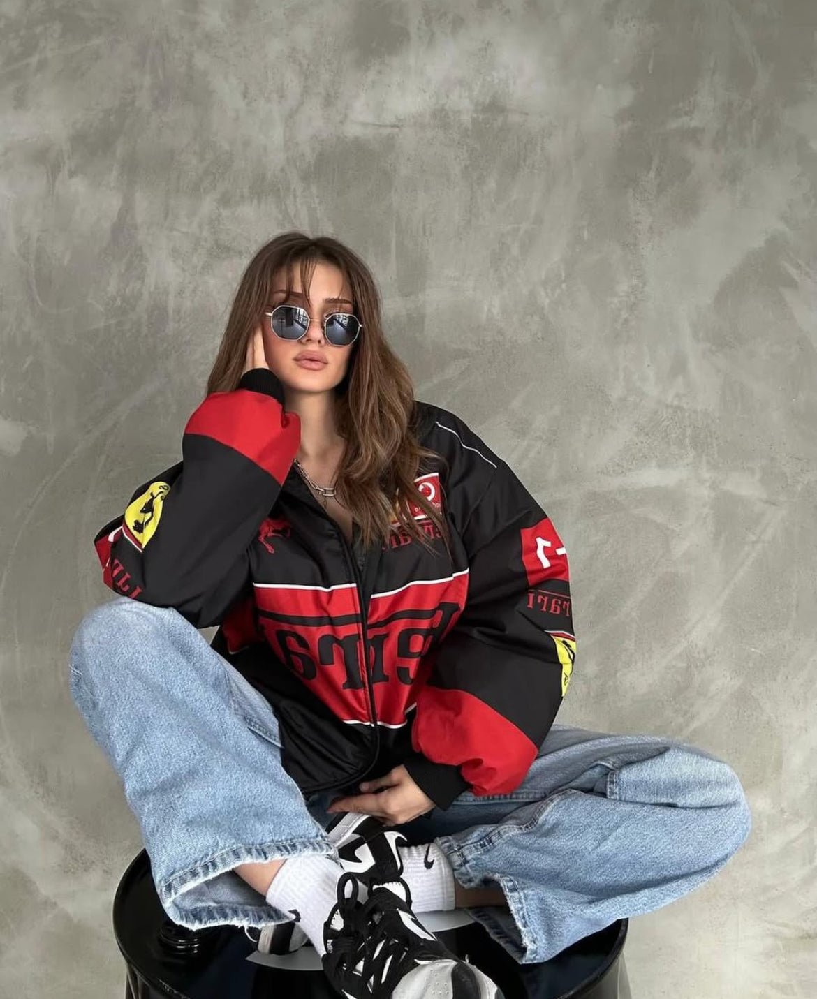 Back side of XOVRA Black Ferrari Printed Jacket featuring premium racing-inspired print design