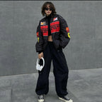 Front view of Black Ferrari Printed Jacket by XOVRA – premium streetwear racing jacket in India