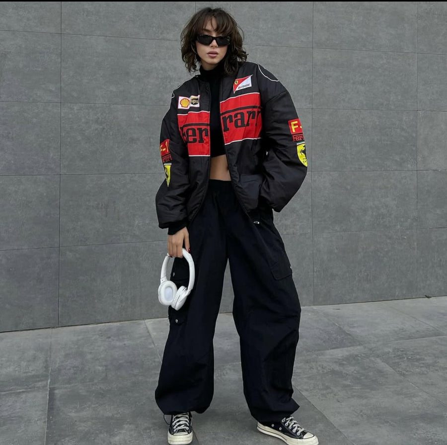 Front view of Black Ferrari Printed Jacket by XOVRA – premium streetwear racing jacket in India