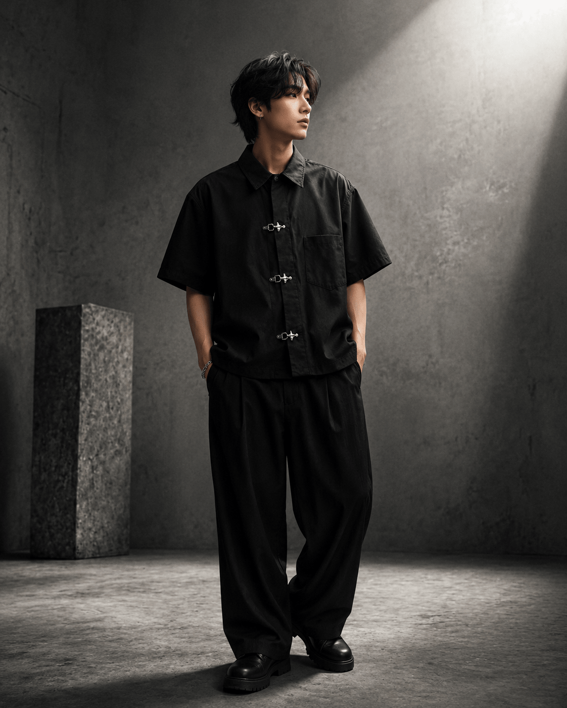 Black Metal Clasp Oversized Shirt - XOVRA.IN