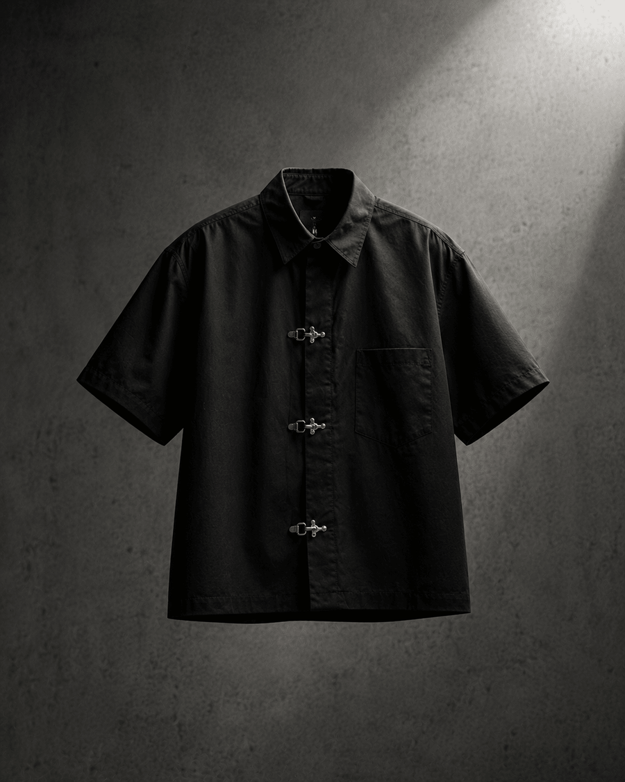 Black Metal Clasp Oversized Shirt - XOVRA.IN