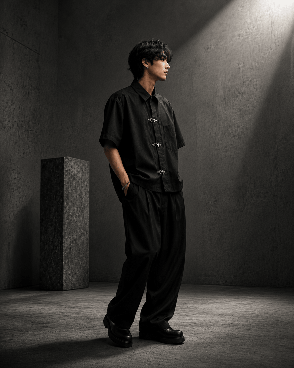 Black Metal Clasp Oversized Shirt - XOVRA.IN