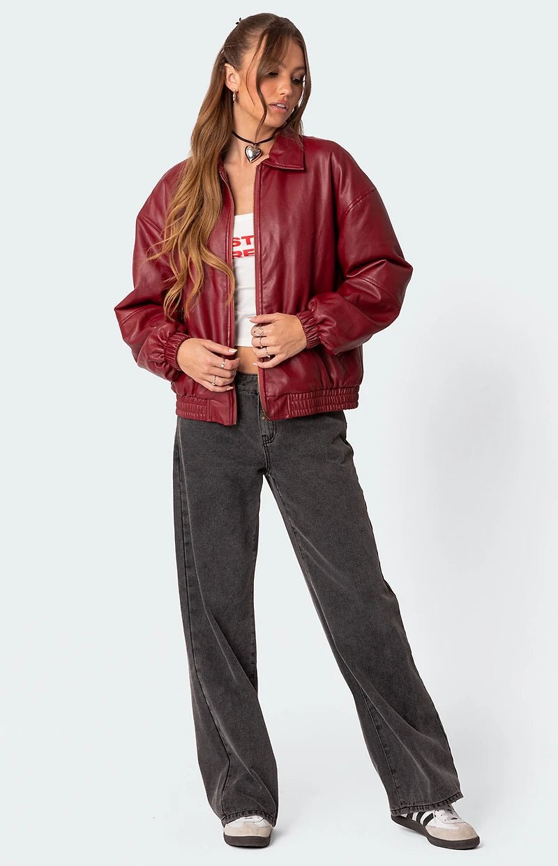 Burgundy Faux Leather Bomber Jacket | Oversized Streetwear – XOVRA - XOVRA.IN
