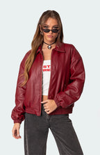 Burgundy Faux Leather Bomber Jacket | Oversized Streetwear – XOVRA - XOVRA.IN