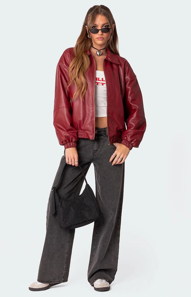 Burgundy Faux Leather Bomber Jacket | Oversized Streetwear – XOVRA - XOVRA.IN