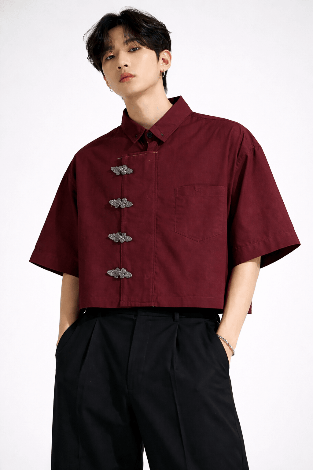 Burgundy Mandarin Shirt - XOVRA.IN