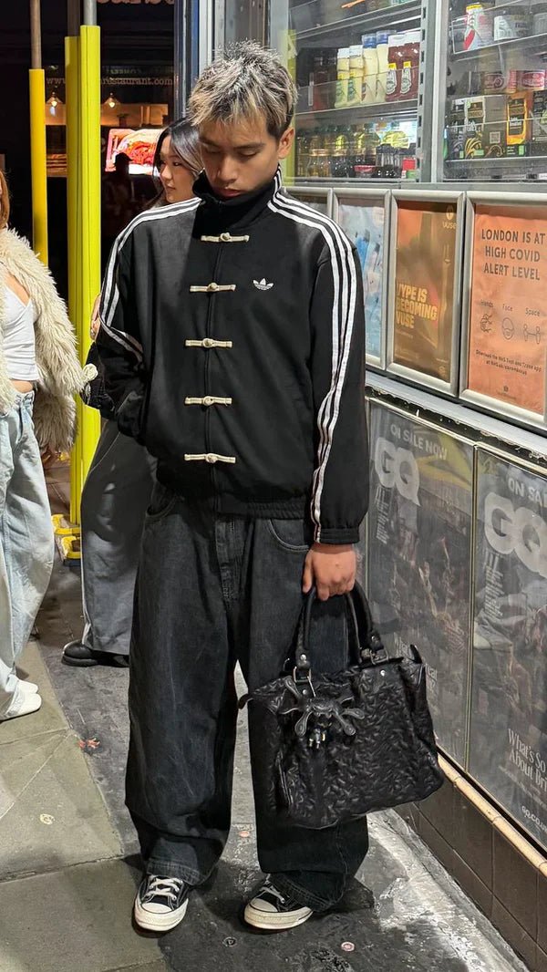 CNY Suede Track Jacket with Knot Buttons | Streetwear Tang Jacket - Black By XOVRA® - XOVRA.IN