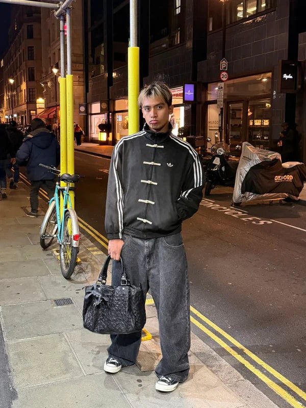 CNY Suede Track Jacket with Knot Buttons | Streetwear Tang Jacket - Black By XOVRA® - XOVRA.IN