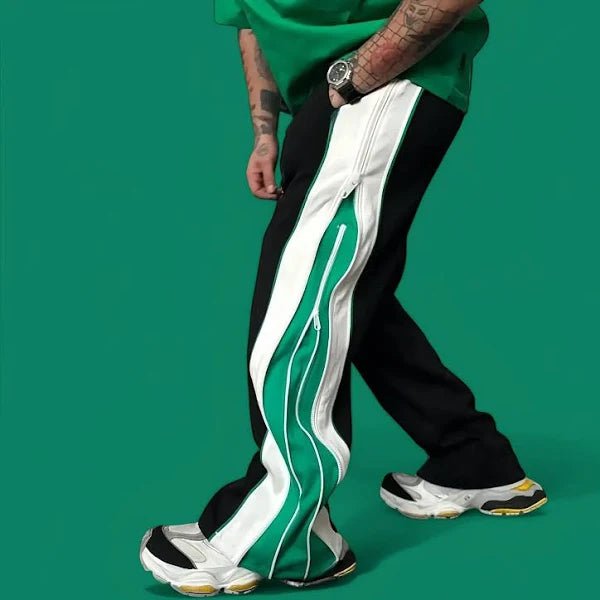 Dual Zip Black & Green Track Pants by XOVRA – Front View