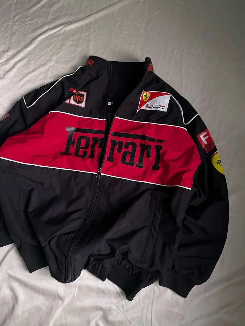 Ferrari F1 Printed Racing Jacket – Black & Red Premium Streetwear | XOVRA® - XOVRA.IN