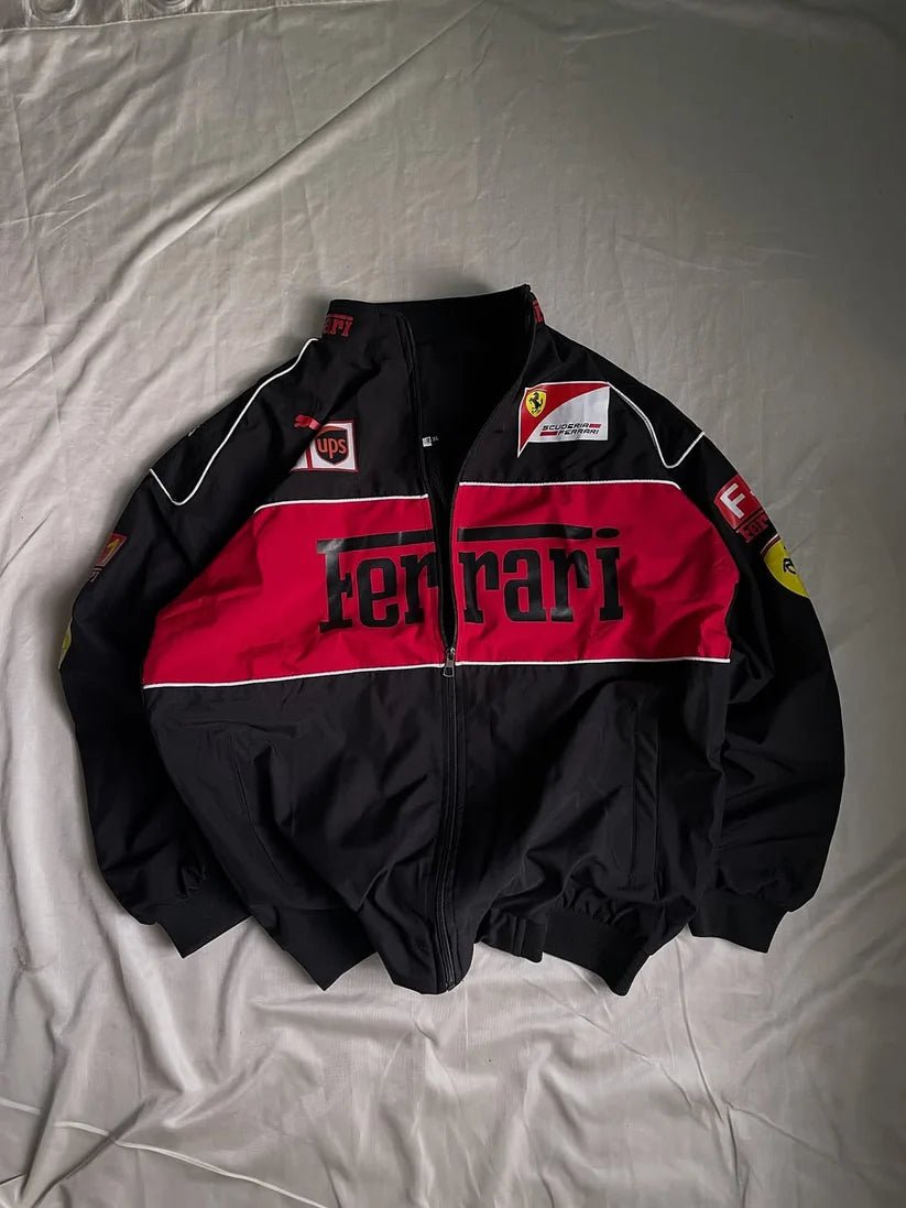Ferrari F1 Printed Racing Jacket – Black & Red Premium Streetwear | XOVRA® - XOVRA.IN