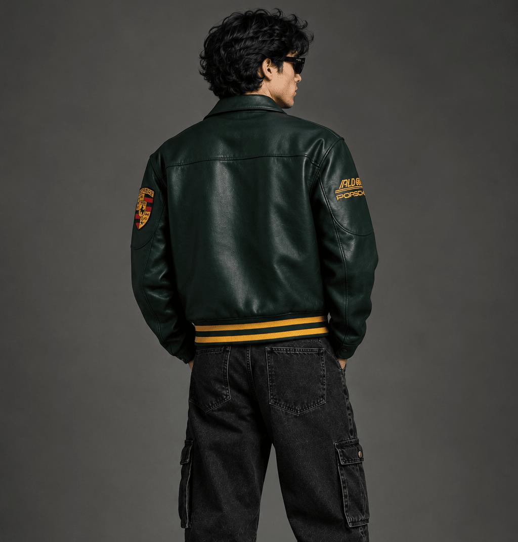 Green Porsche Racing Jacket for Men – Premium Motorsport Leather Streetwear - XOVRA.IN