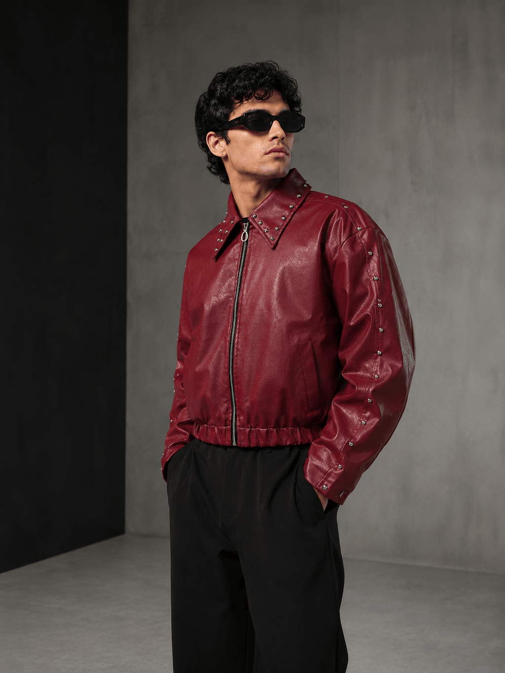 Ironbite Jacket – Burgundy Studded Cropped Boxy Fit Jacket I XOVRA - XOVRA.IN
