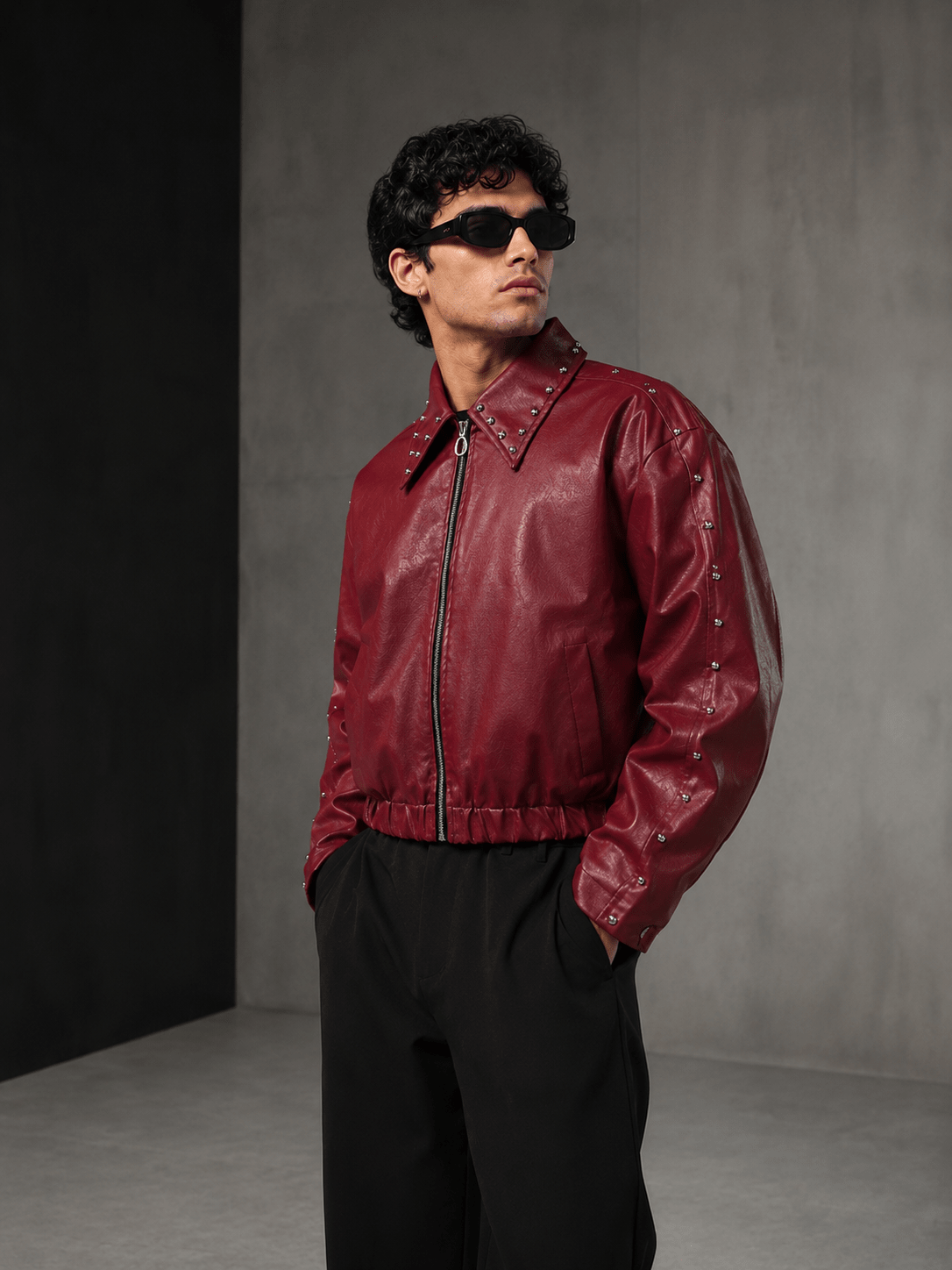 Ironbite Jacket – Burgundy Studded Cropped Boxy Fit Jacket I XOVRA - XOVRA.IN