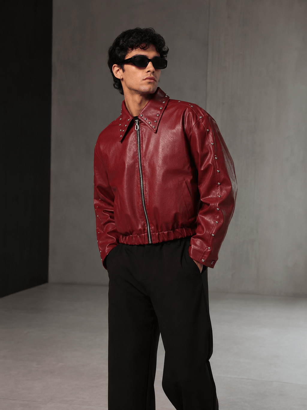 Ironbite Jacket – Burgundy Studded Cropped Boxy Fit Jacket I XOVRA - XOVRA.IN