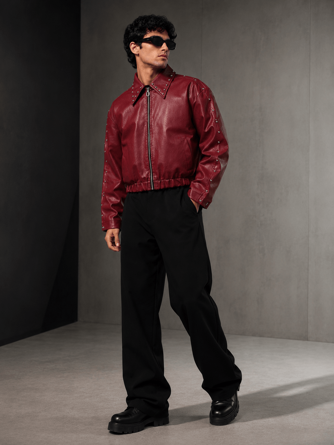Ironbite Jacket – Burgundy Studded Cropped Boxy Fit Jacket I XOVRA - XOVRA.IN