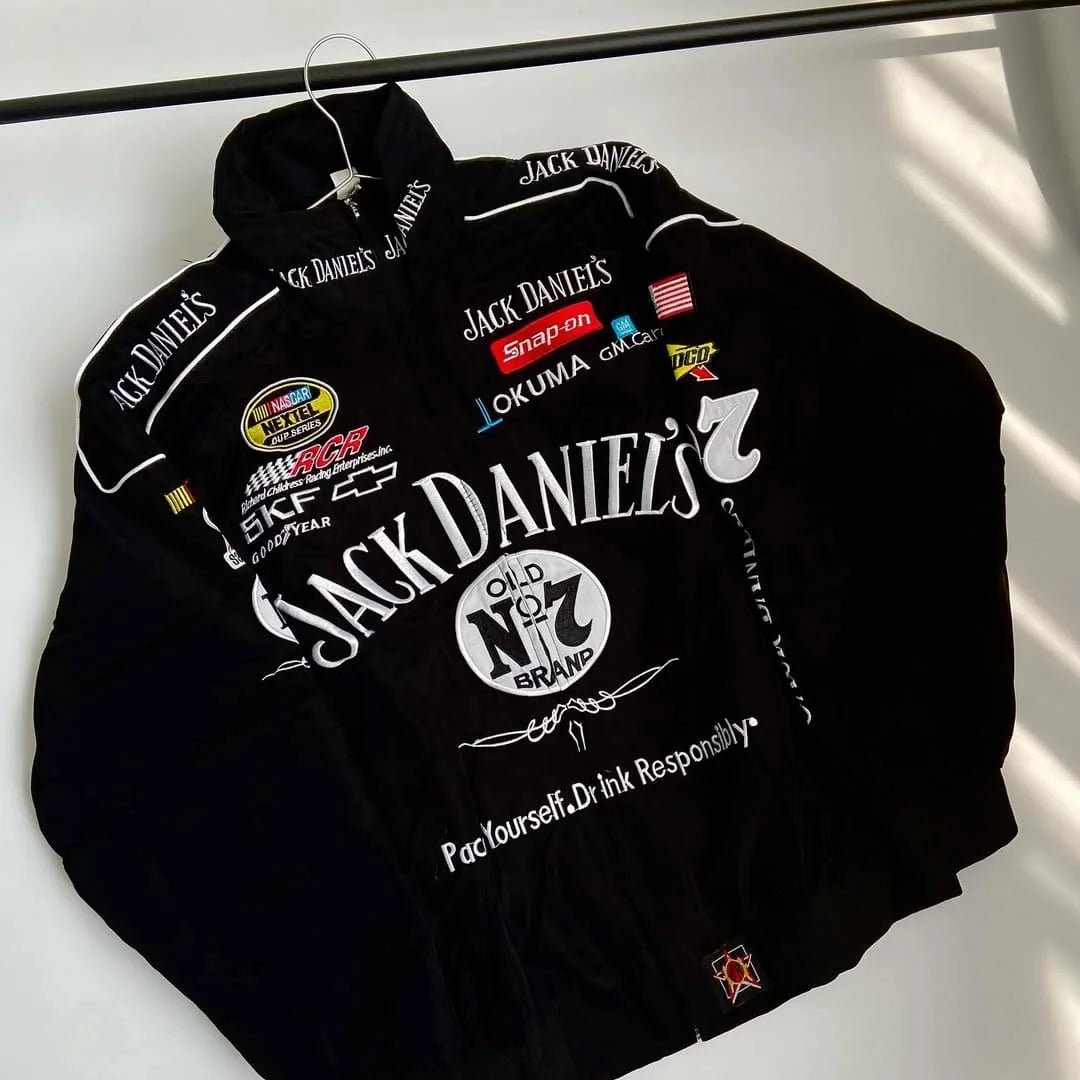 Jack Daniel’s Embroidered Racing Jacket – Vintage NASCAR Black Bomber I XOVRA