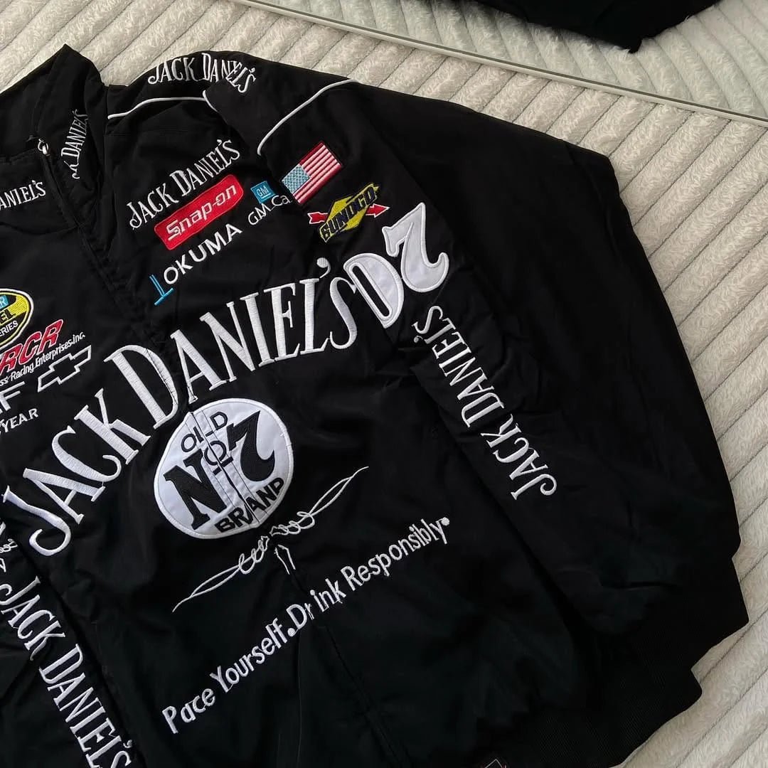 Jack Daniel’s Embroidered Racing Jacket – Vintage NASCAR Black Bomber I XOVRA