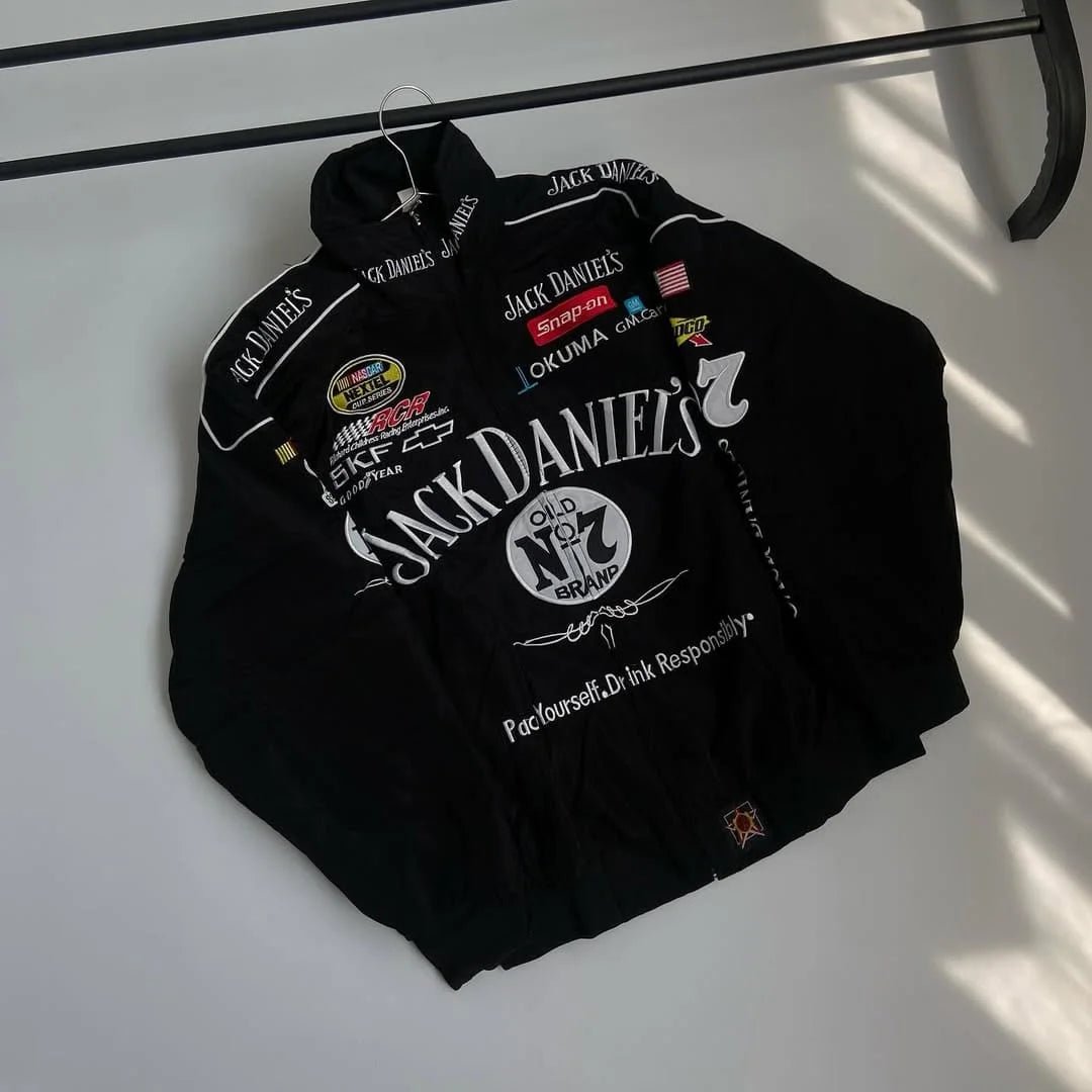 Jack Daniel’s Embroidered Racing Jacket – Vintage NASCAR Black Bomber I XOVRA