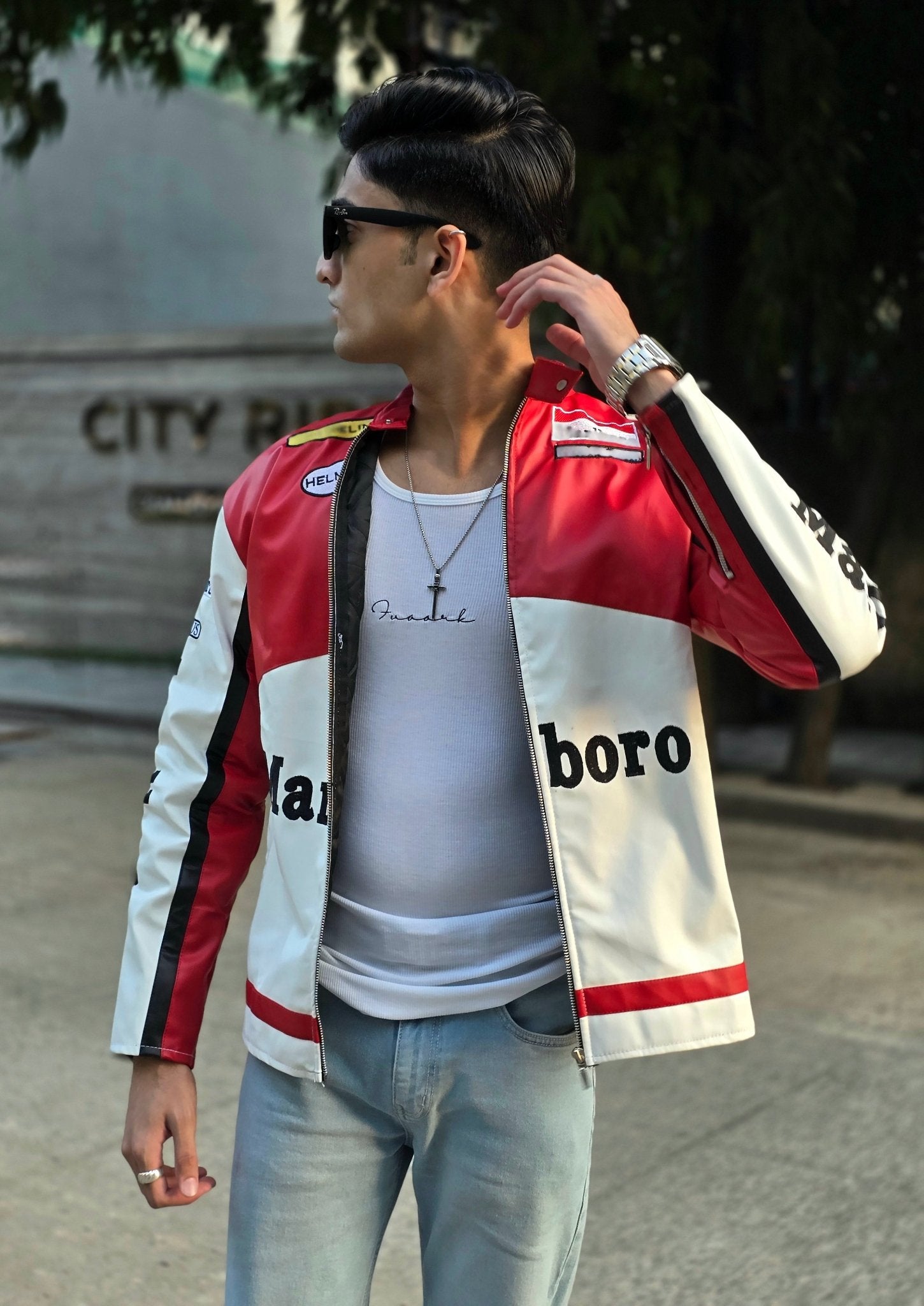 Marlboro Red Leather Jacket | Indian Streetwear Look | XOVRA® - XOVRA.IN