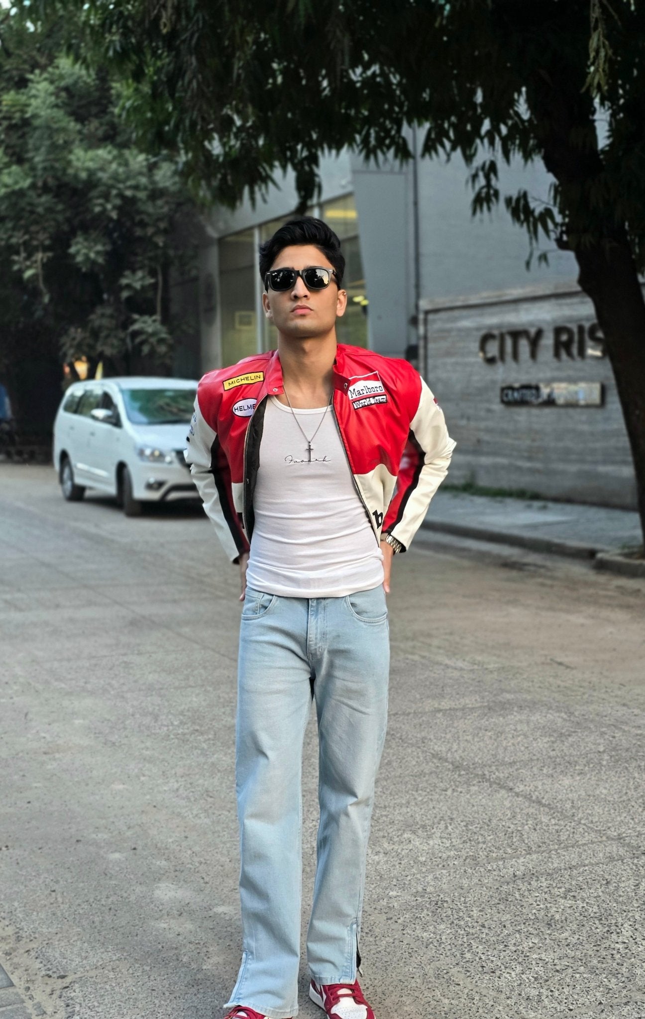 Marlboro Red Leather Jacket | Indian Streetwear Look | XOVRA® - XOVRA.IN