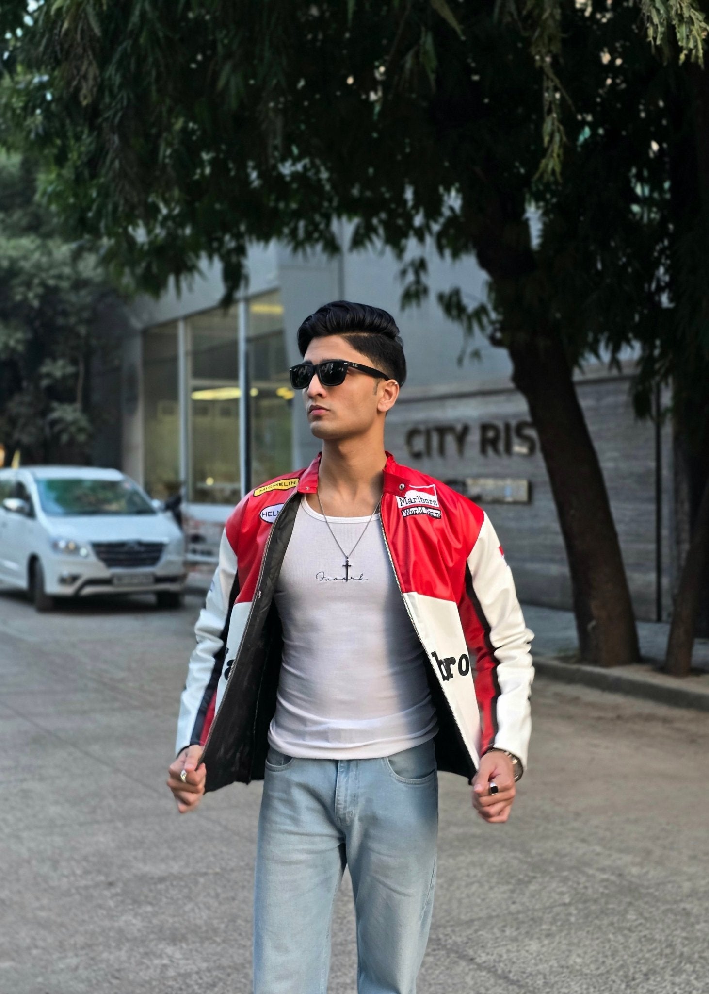 Marlboro Red Leather Jacket | Indian Streetwear Look | XOVRA® - XOVRA.IN
