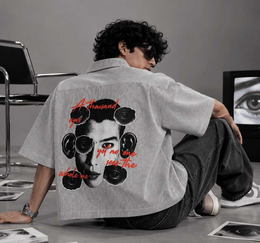 Men's Oversized Pinstripe Graphic Shirt – Back Print Short Sleeve | XOVRA - XOVRA.IN