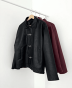 Metal Clasp Oversized Cropped Leather Jacket (Burgundy) - XOVRA.IN