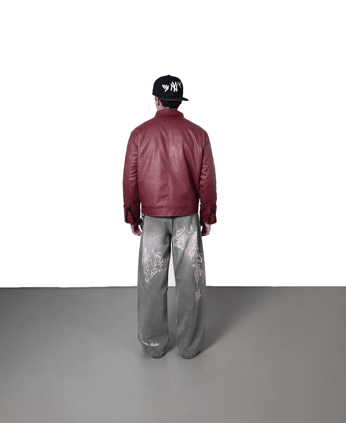 Metal Clasp Oversized Cropped Leather Jacket (Burgundy) - XOVRA.IN