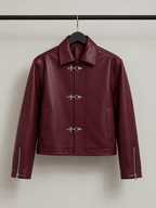Metal Clasp Oversized Cropped Leather Jacket (Burgundy) - XOVRA.IN