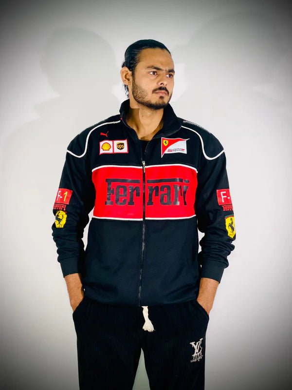 Premium Ferrari F1 Streetwear Jacket – Black & Red Racing Edition |XOVRA® - XOVRA