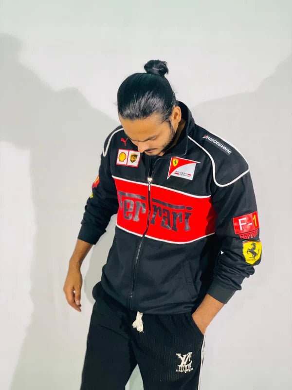 Premium Ferrari F1 Streetwear Jacket – Black & Red Racing Edition |XOVRA® - XOVRA