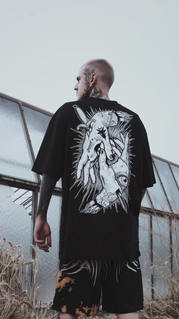 Think Twice black oversized graphic t shirt back print tattoo streetwear design xovra