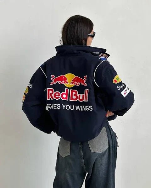 Premium Embroidery Streetwear Jacket – Close-Up of Design
Urban Streetwear Outfit Featuring Red Bull Racing Jacket – Lifestyle Look
