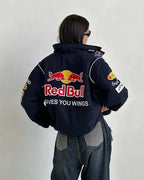 Premium Embroidery Streetwear Jacket – Close-Up of Design
Urban Streetwear Outfit Featuring Red Bull Racing Jacket – Lifestyle Look