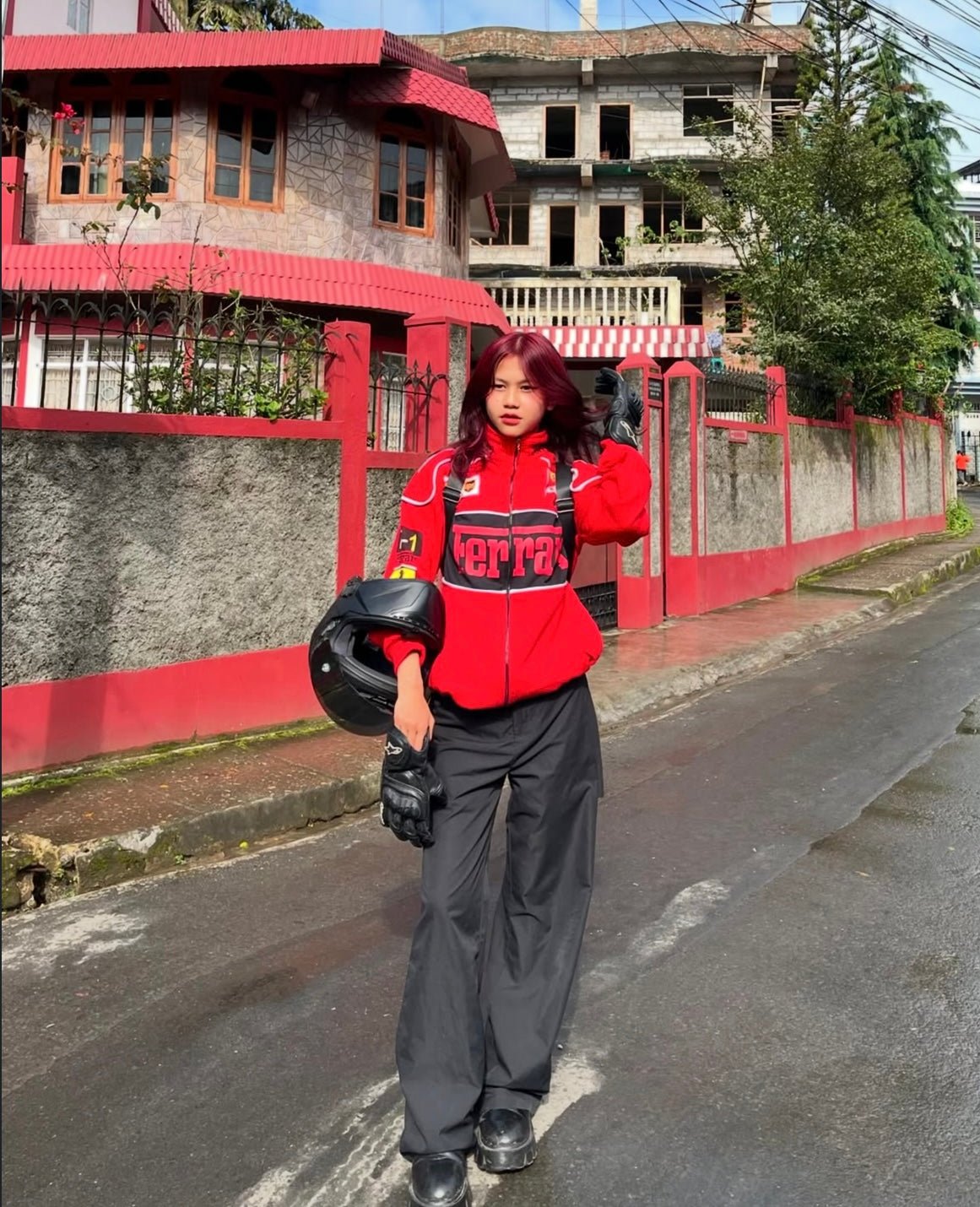 Premium Red Ferrari Jacket with Motorsport Graphics – Close-Up Design