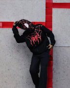 Spider Web Graphic Zip-Up Hoodie – Black Oversized Streetwear Hoodie - XOVRA.IN