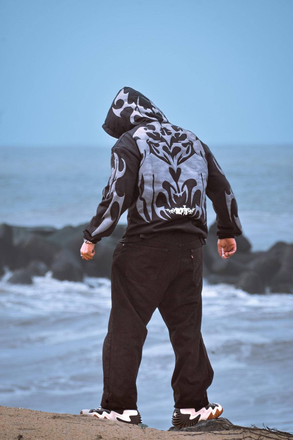 Tribal Shadow Depth Hoodie – Premium Black & Grey Streetwear Oversized Fit |XOVRA® - XOVRA.IN