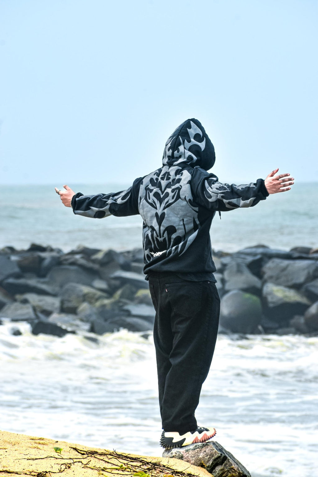 Tribal Shadow Depth Hoodie – Premium Black & Grey Streetwear Oversized Fit |XOVRA® - XOVRA.IN
