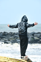 Tribal Shadow Depth Hoodie – Premium Black & Grey Streetwear Oversized Fit |XOVRA® - XOVRA.IN