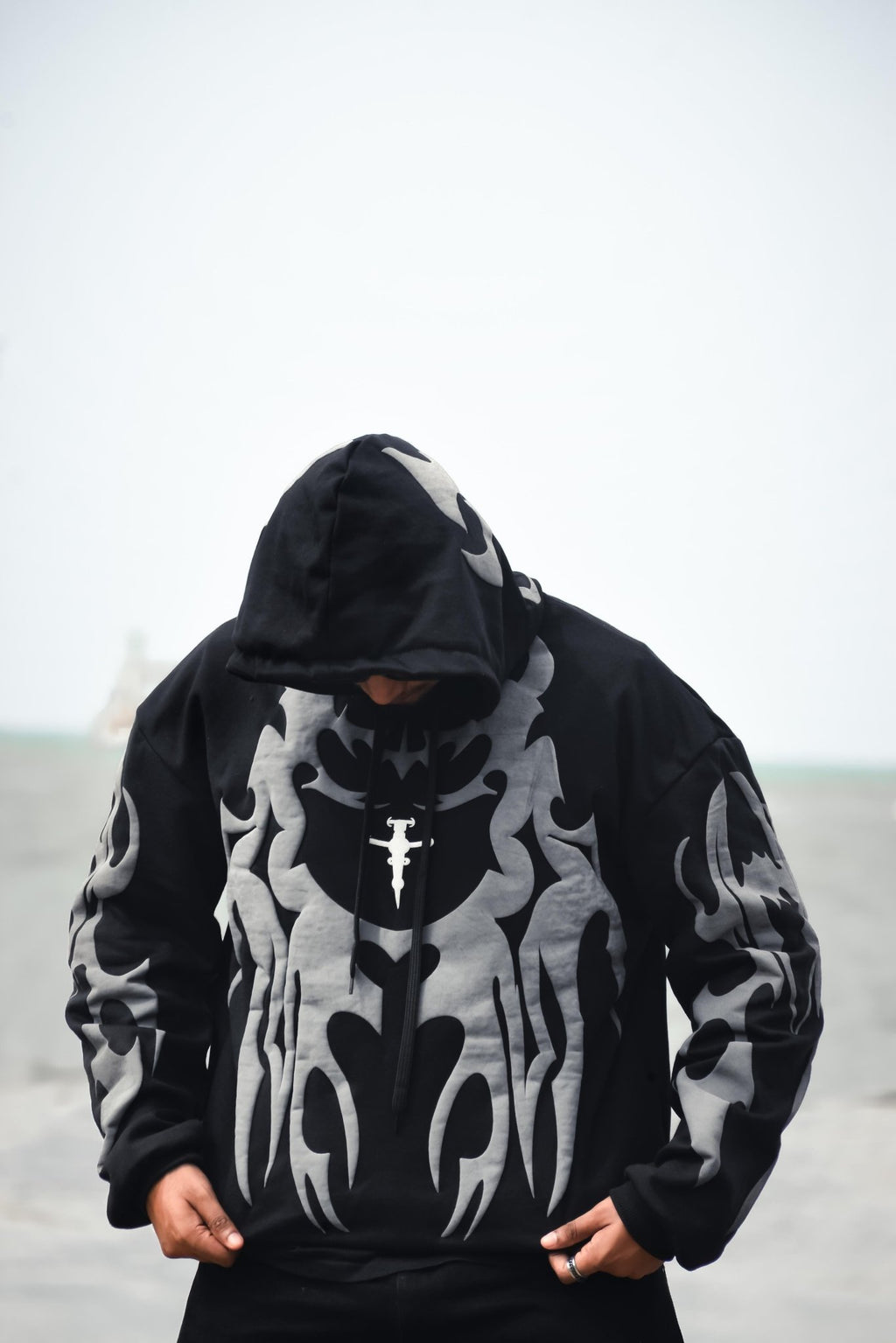 Tribal Shadow Depth Hoodie – Premium Black & Grey Streetwear Oversized Fit |XOVRA® - XOVRA.IN