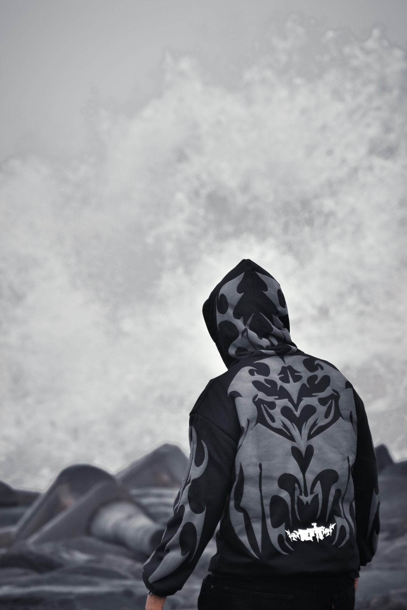 Tribal Shadow Depth Hoodie – Premium Black & Grey Streetwear Oversized Fit |XOVRA® - XOVRA.IN