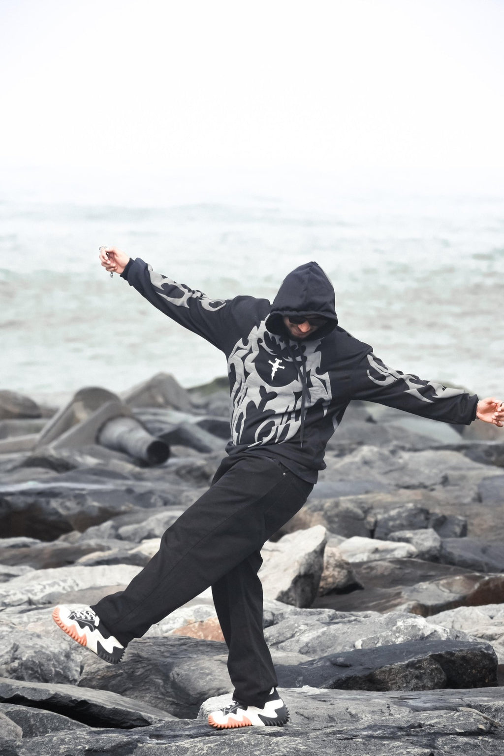 Tribal Shadow Depth Hoodie – Premium Black & Grey Streetwear Oversized Fit |XOVRA® - XOVRA.IN