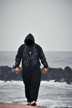 Tribal Shadow Depth Hoodie – Premium Black & Grey Streetwear Oversized Fit |XOVRA® - XOVRA.IN